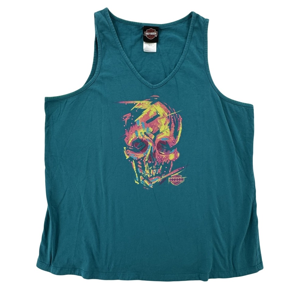 Harley-Davidson Womens 1X Teal Skull Graphic Tank Top Virginia Beach USA B328